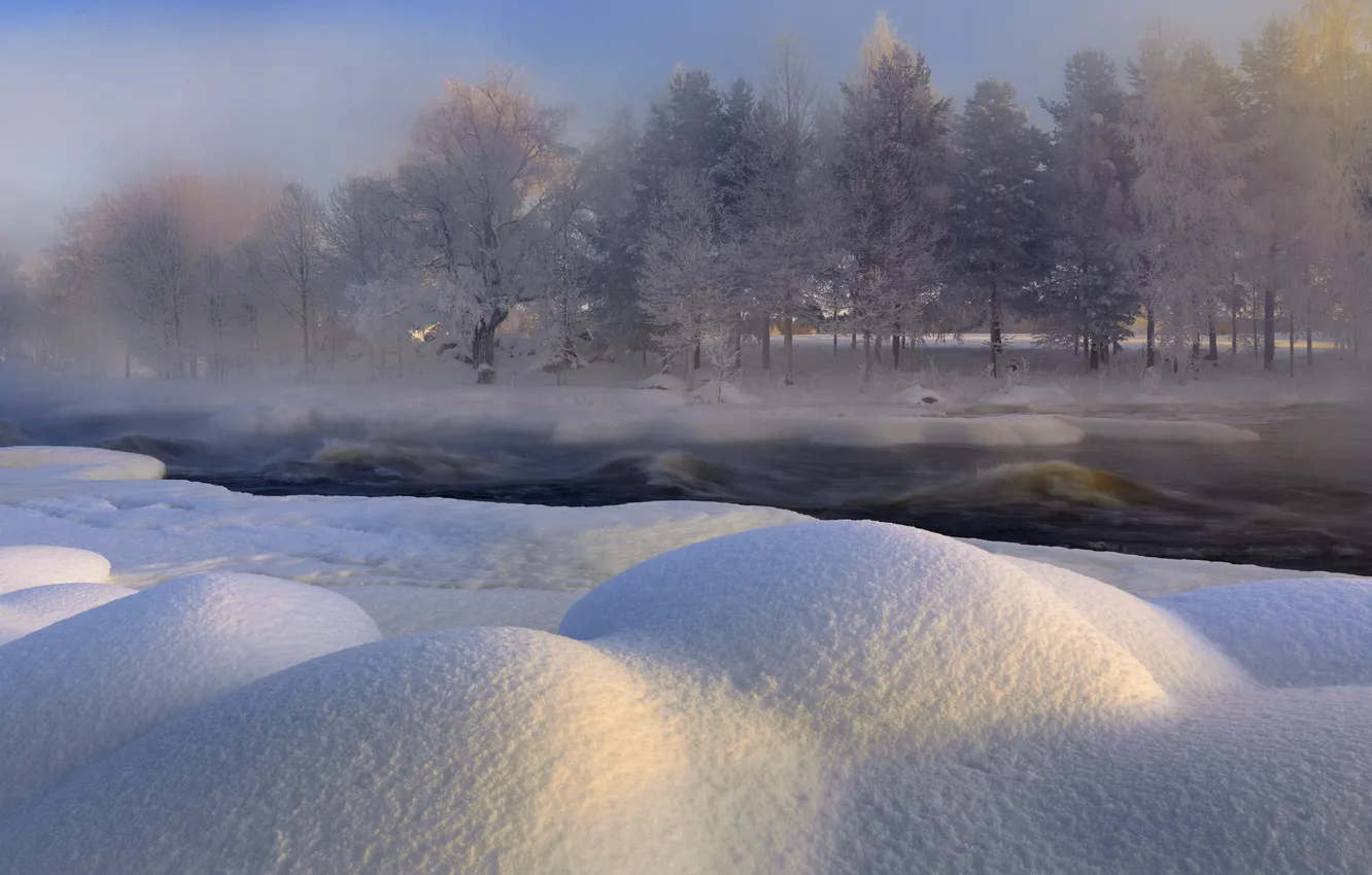 Фото обои зима, снег, деревья, природа, река, Швеция, Sweden, Voxnan River