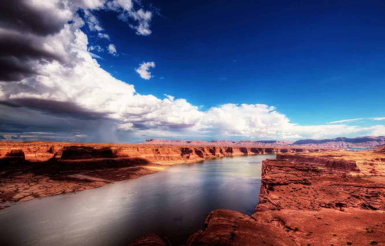 Фото обои небо, облака, природа, река, каньон