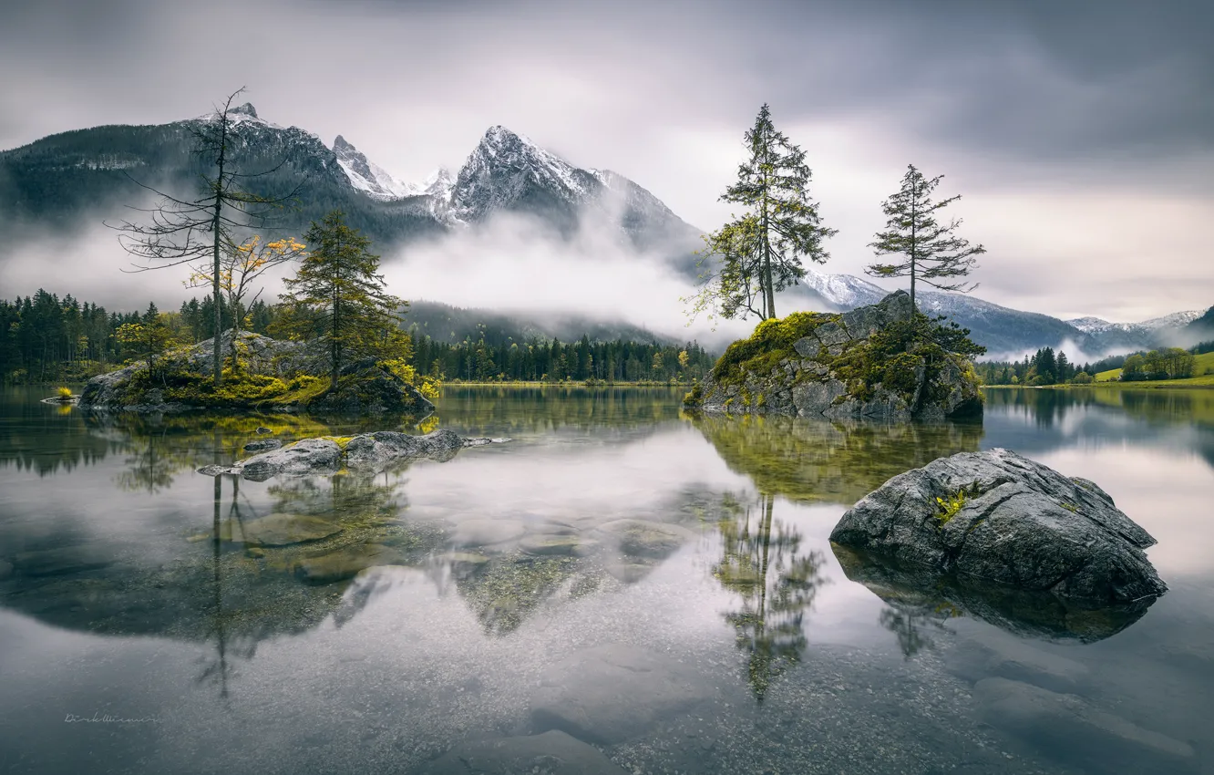 Фото обои горы, туман, озеро, скалы, Германия, Бавария