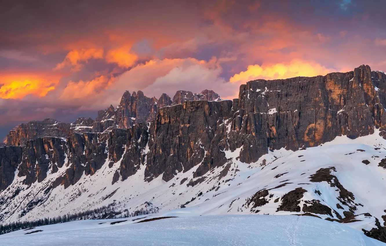 Фото обои зима, облака, снег, закат, горы, скалы, вершины, Альпы