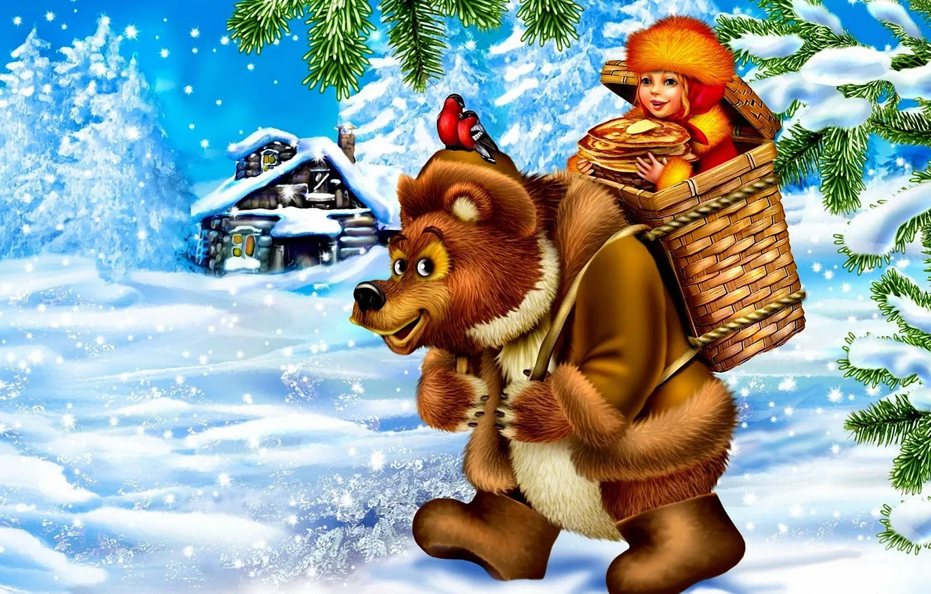 Фото обои снег, птицы, дом, корзина, масло, сказка, медведь, девочка