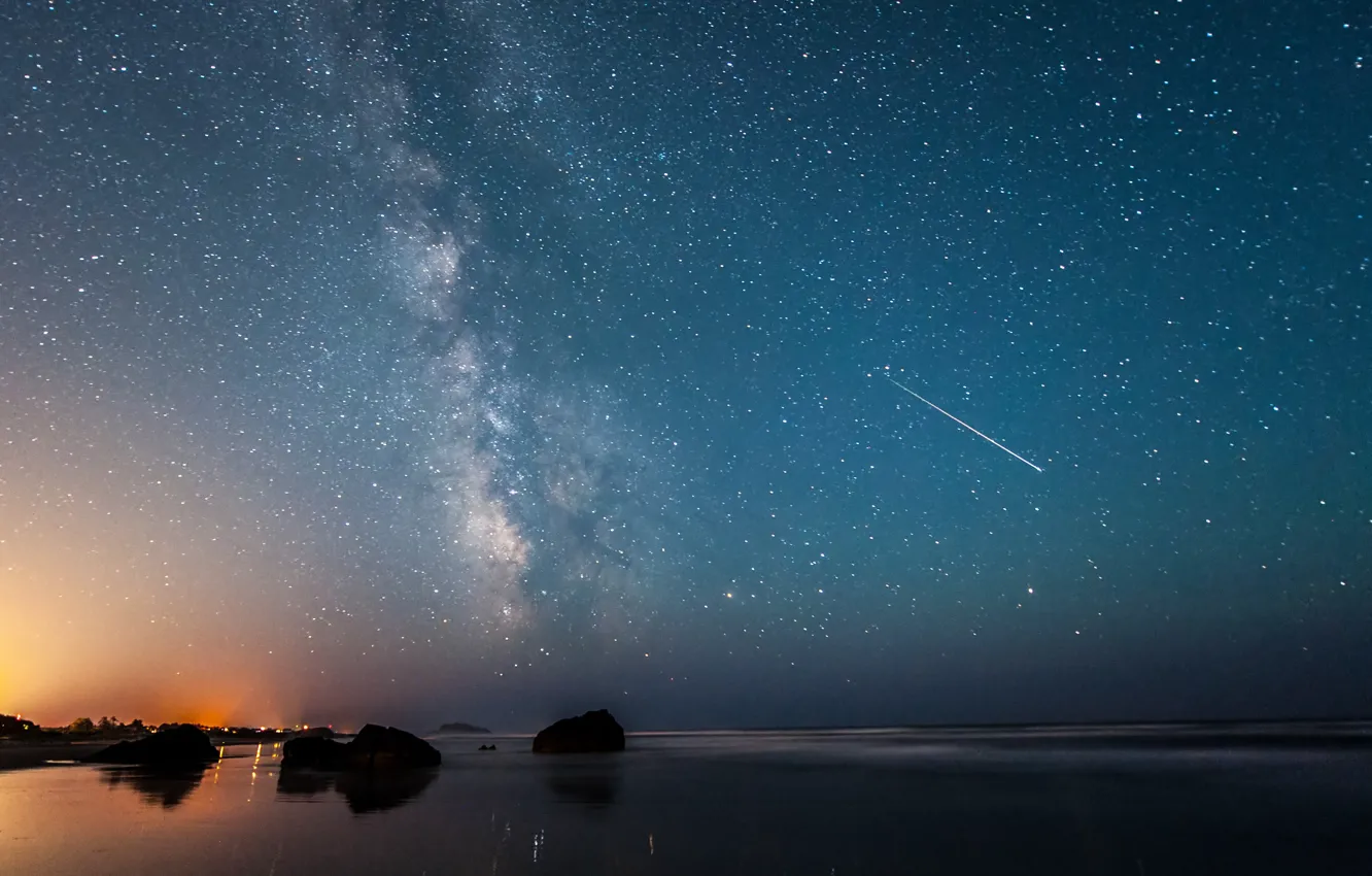 Фото обои пляж, отражение, скалы, Млечный Путь, beach, rocks, Milky Way, reflection