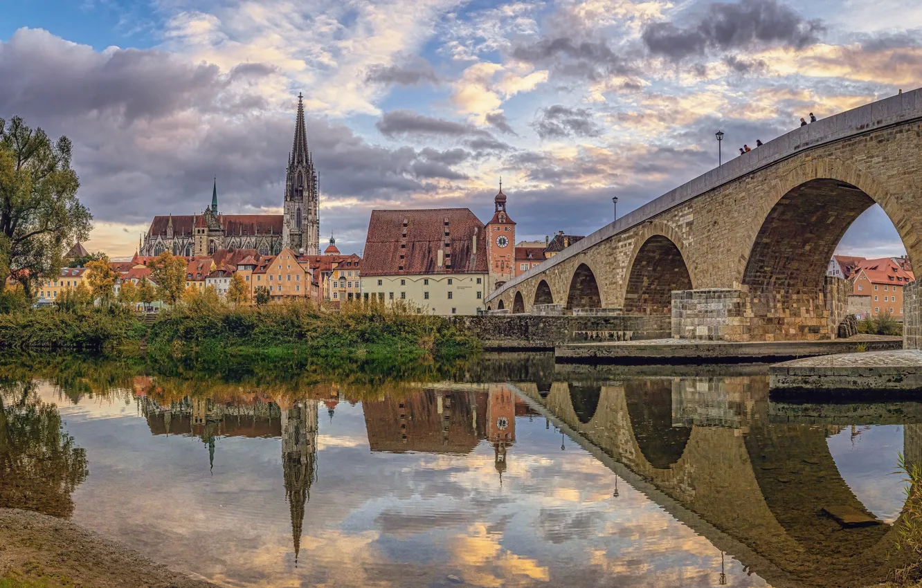 Фото обои мост, отражение, река, здания, дома, Германия, Бавария, Germany