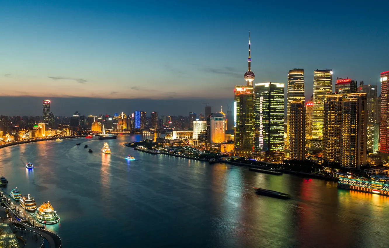Фото обои огни, China, здания, панорама, Китай, Shanghai, Шанхай, ночной город