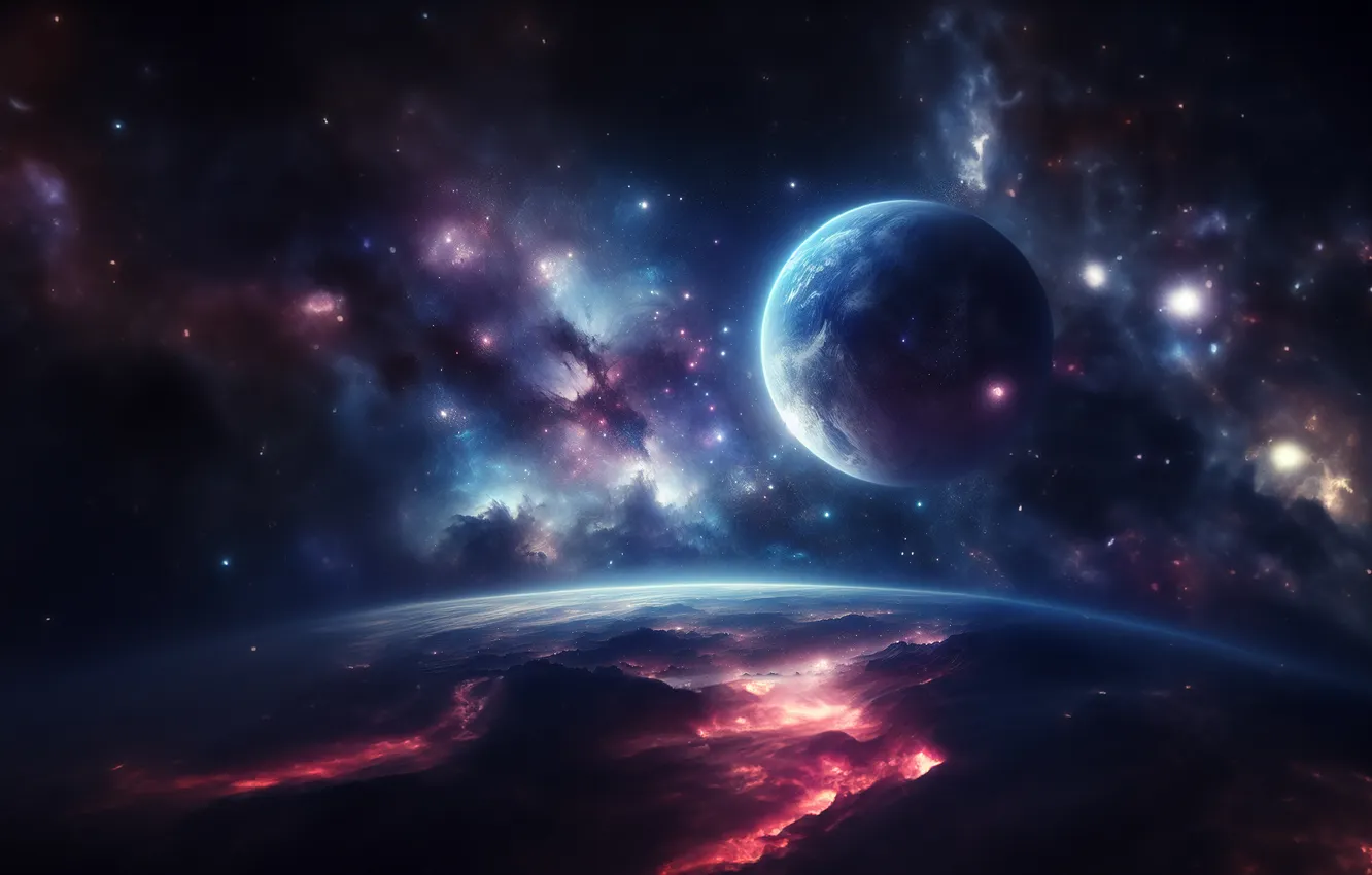 Фото обои space, universe, red, blue, nebula, stars, planet