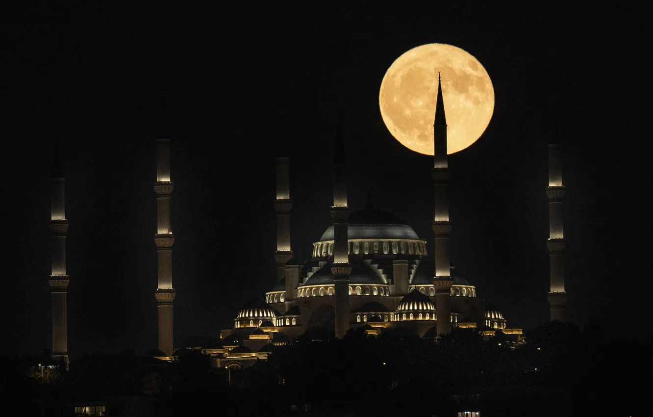 Фото обои night, Turkey, İstanbul, Full Moon, Çamlıca Mosque