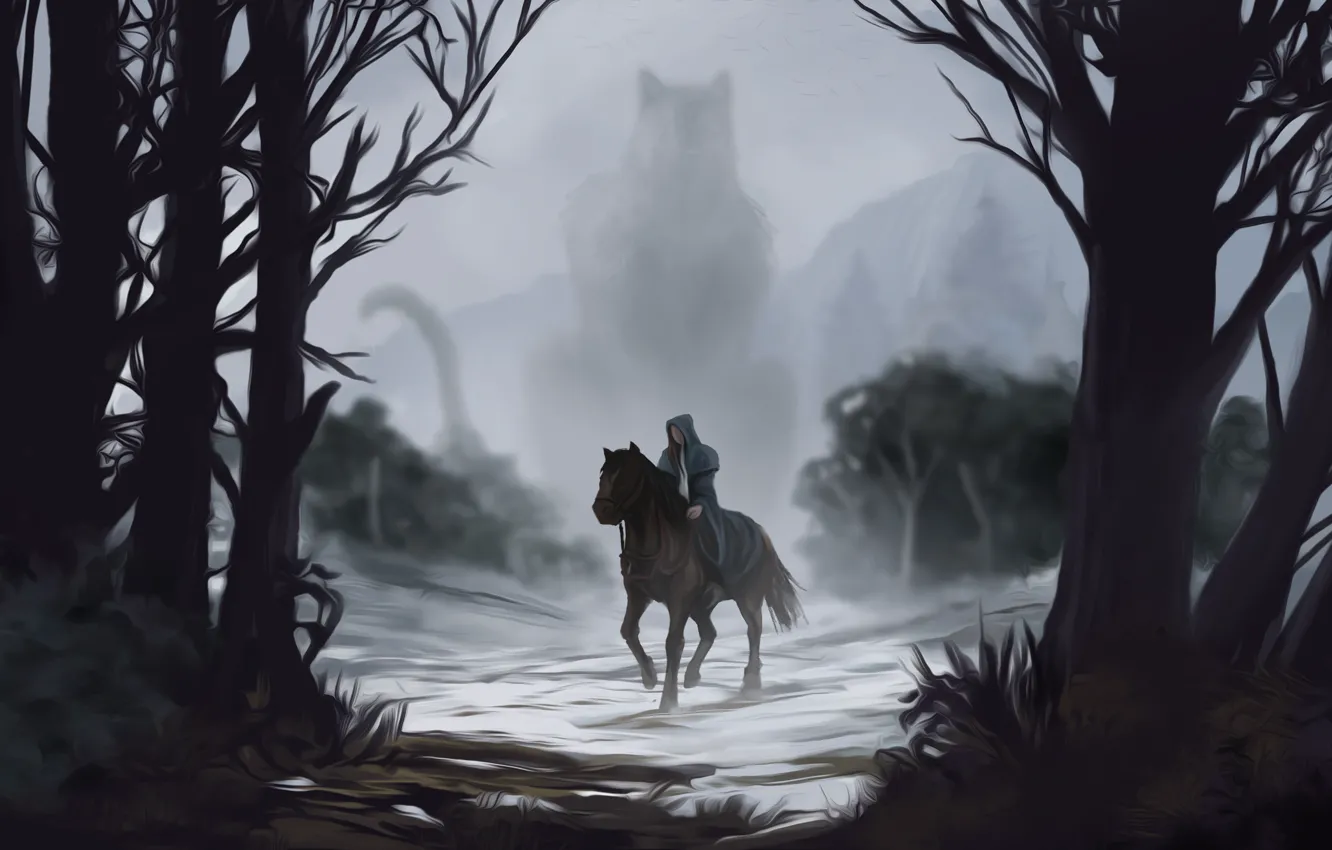 Фото обои взгляд, вода, деревья, туман, лошадь, арт, хвост, силуэт. существо