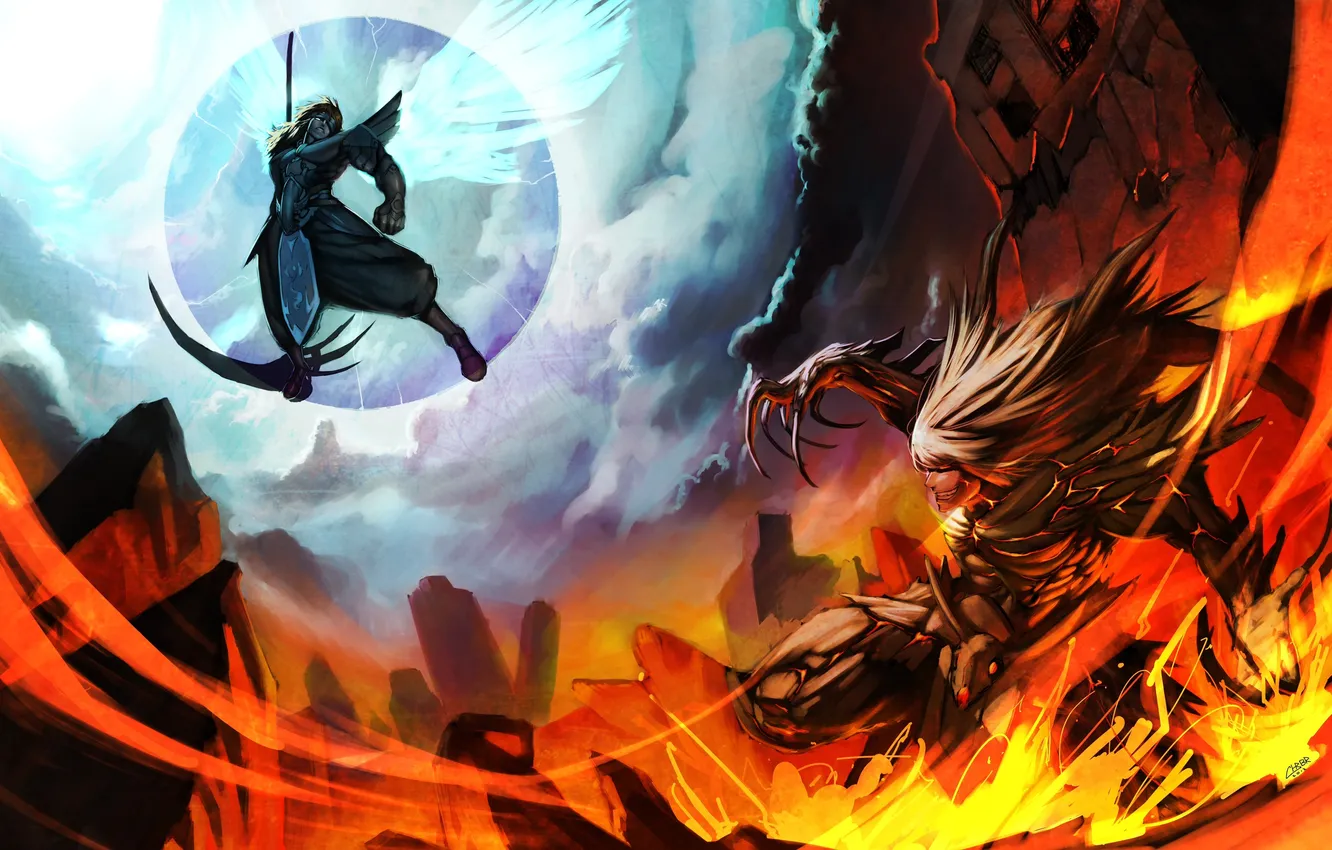 Фото обои оружие, огонь, крылья, ангел, демон, арт, коса, битва