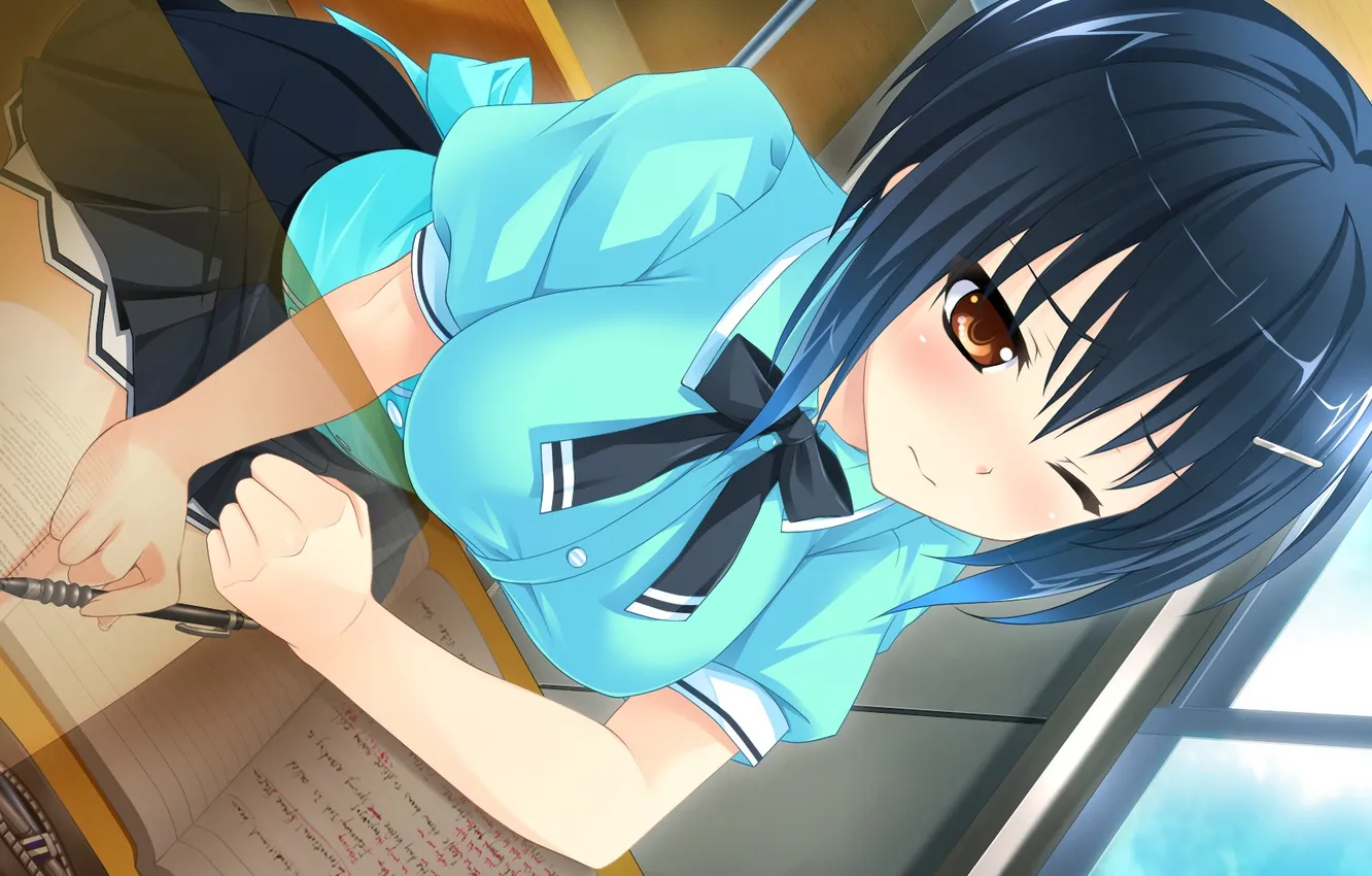 Фото обои девушка, ручки, парта, тетради, art, kaneshiro ai, baka moe heart ni ai wo komete!, неудобство