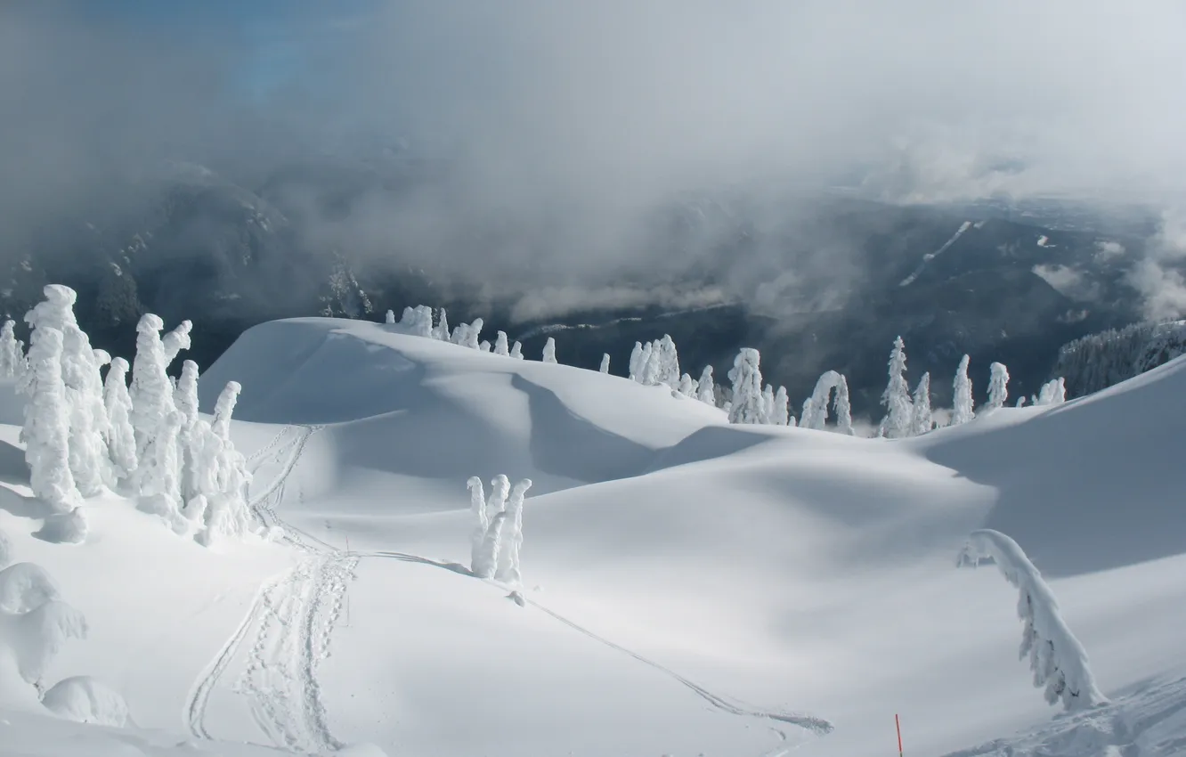 Фото обои зима, снег, горы, туман, сугробы