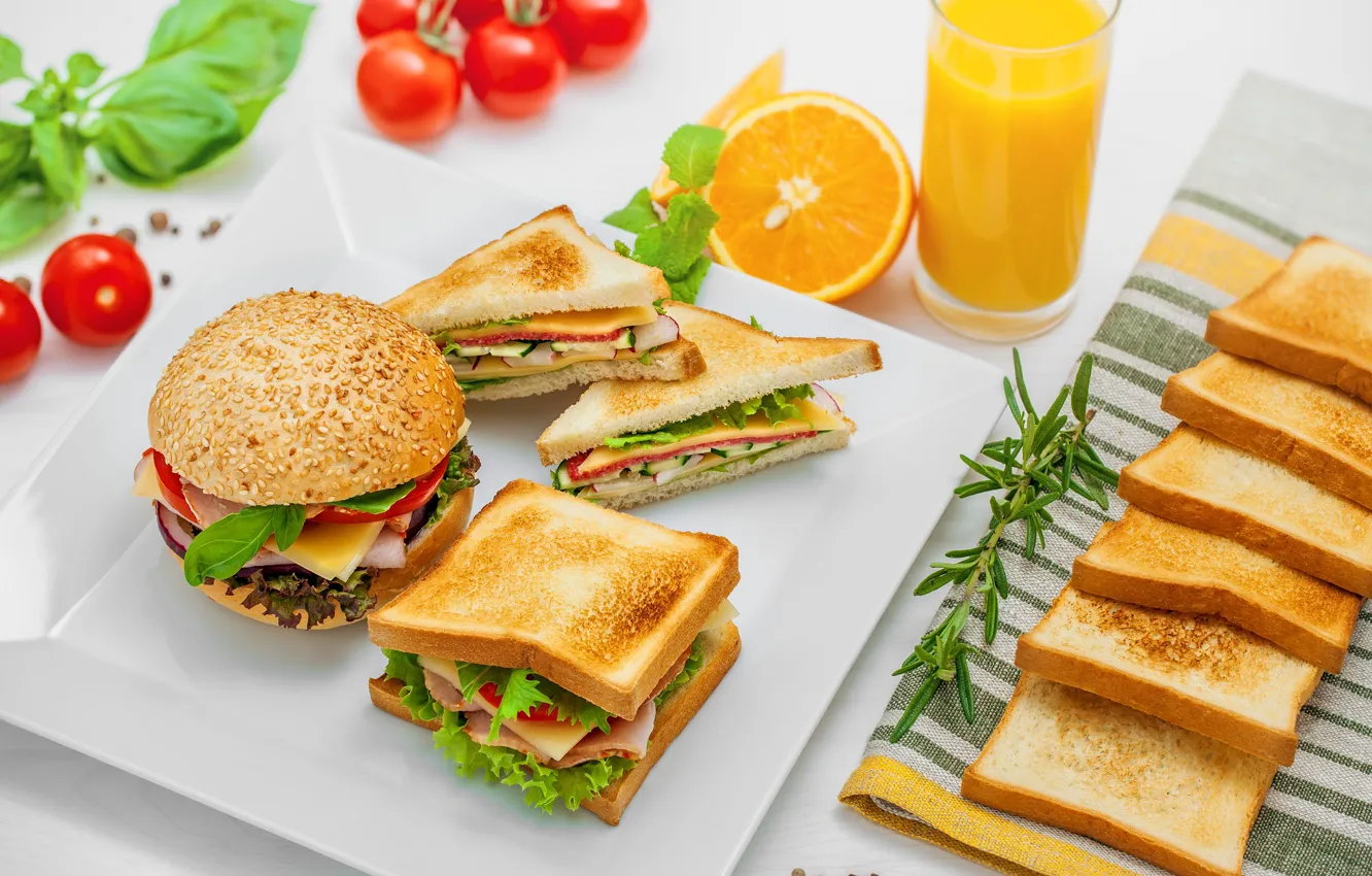 Фото обои сыр, сок, бутерброд, помидор, мята, сэндвич, салат, розмарин