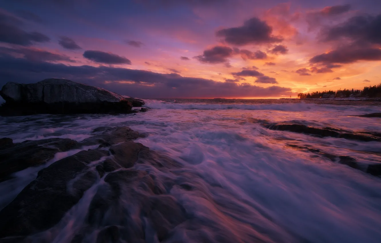 Фото обои waves, rock, coast, sunset