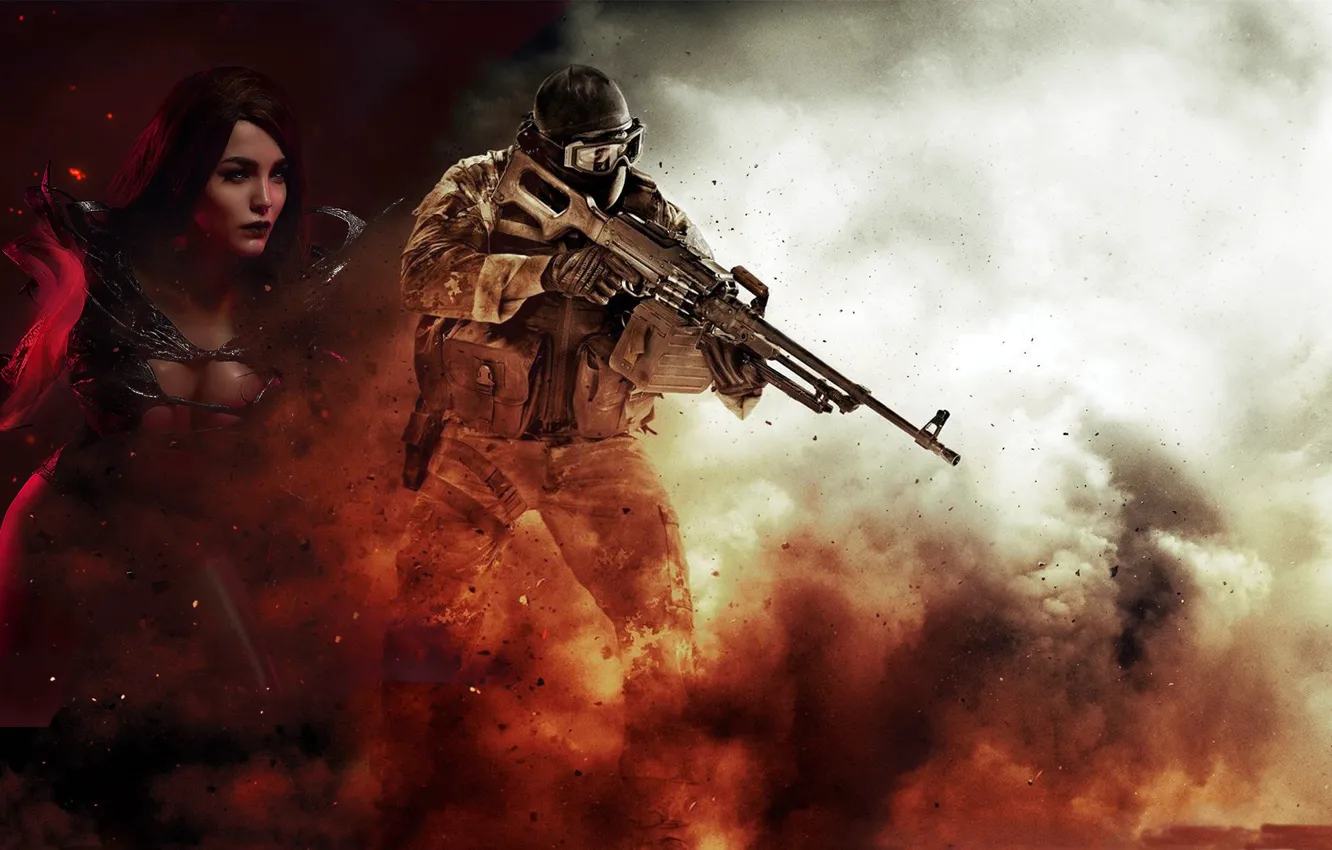 Фото обои девушка, фон, магия, дым, взрывы, мужчина, пулемет, амуниция
