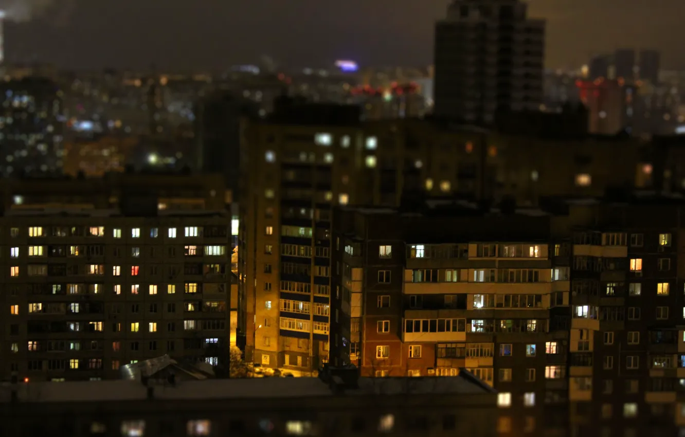 Фото обои ночь, город, здания, эффект, россия, tilt shift