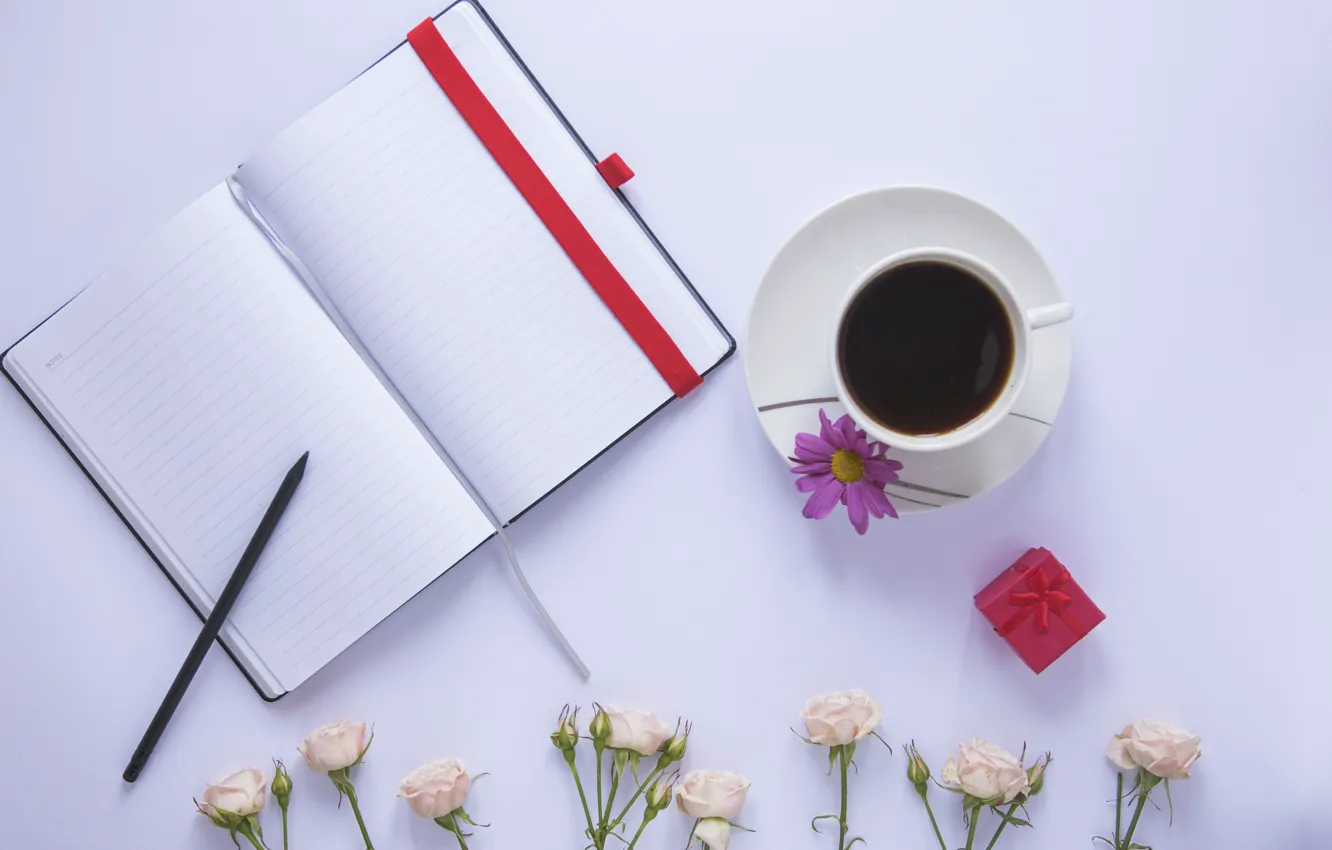 Фото обои цветы, Кофе, ручка, блокнот