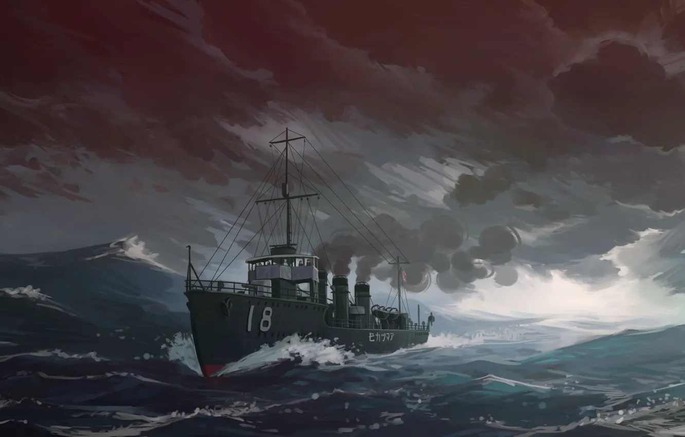 Фото обои Море, Рисунок, Корабль, IJN destroyer Amatsukaze