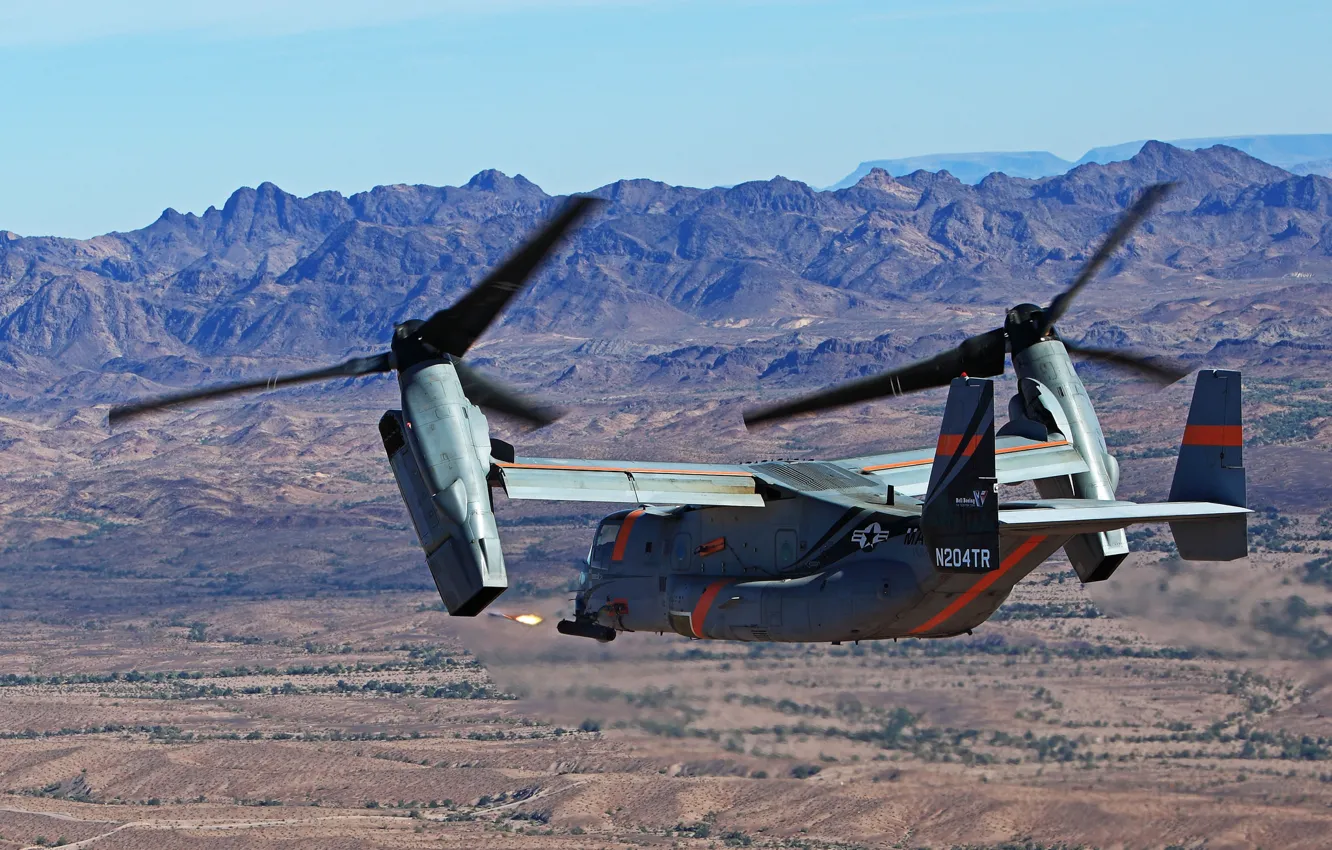 Фото обои полет, стрельба, конвертоплан, Osprey, MV-22B