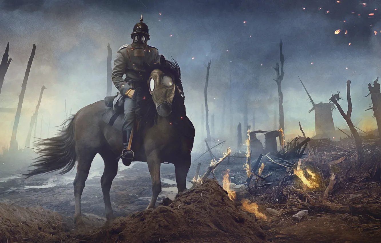 Фото обои Лошадь, Огонь, Противогаз, WWI, Кавалерист, Первая Мировая война