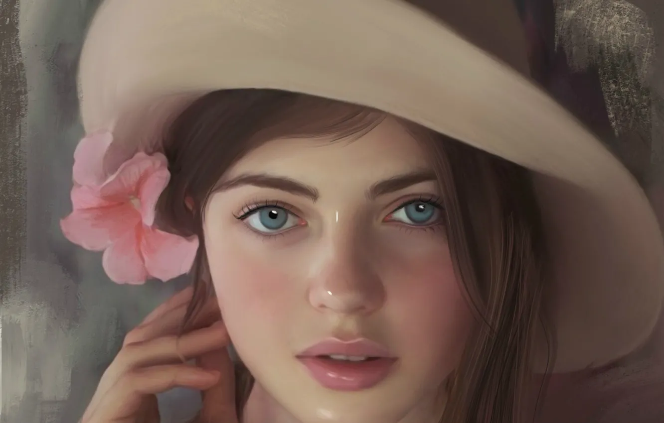 Фото обои лицо, рука, голубые глаза, в шляпе, цветок в волосах, портрет девушки