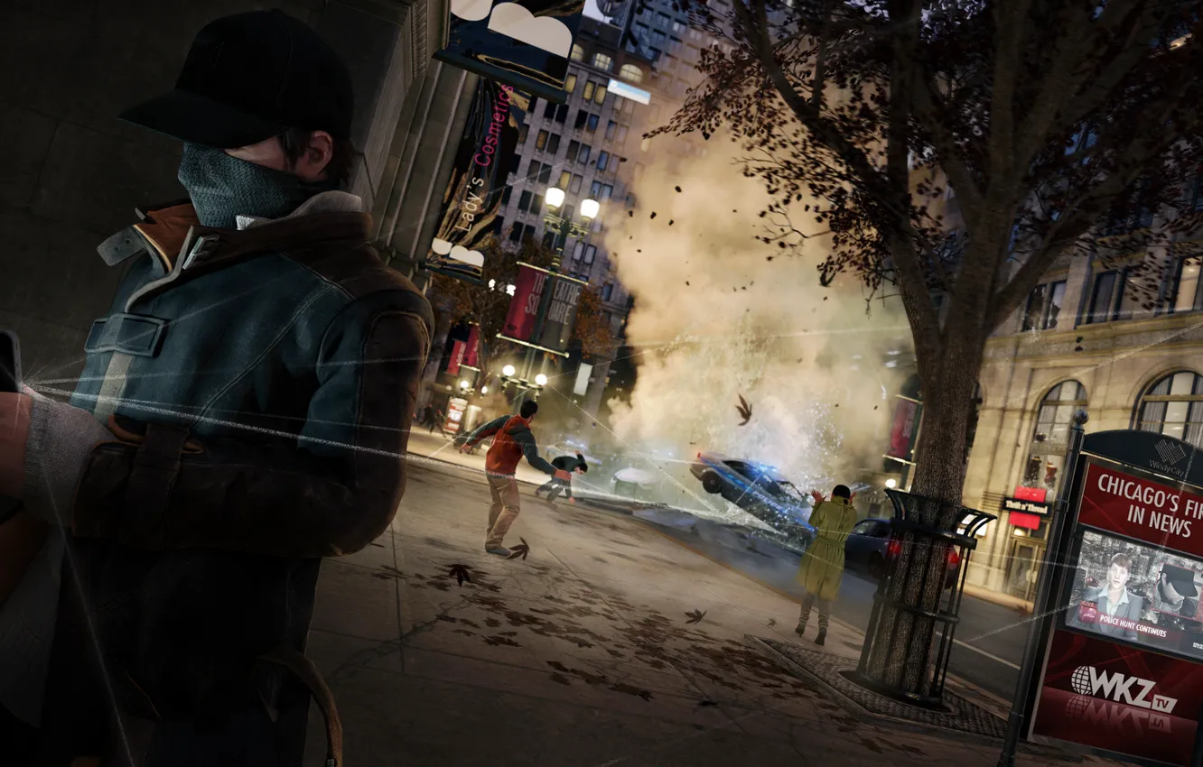 Фото обои город, Watch Dogs, Сторожевые псы, Aiden Pearce, плащ.взрыв