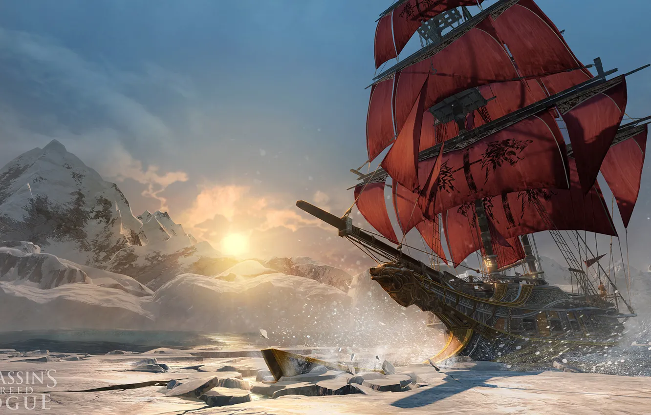 Фото обои зима, море, корабль, северное сияние, паруса, Убийца, асасин, охотник