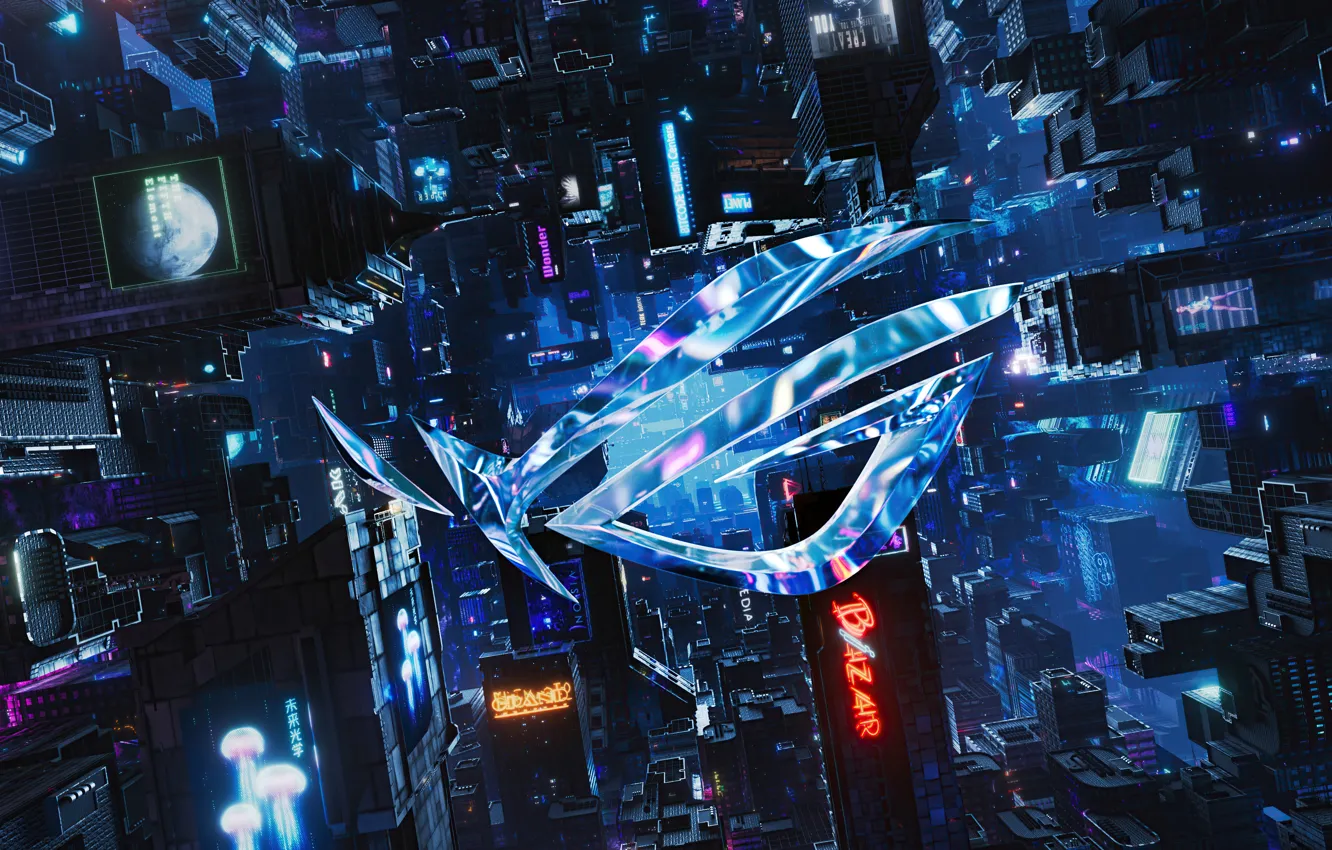 Фото обои город, неон, high-tech, Логотип, Logo, ASUS, Digital Art, brand