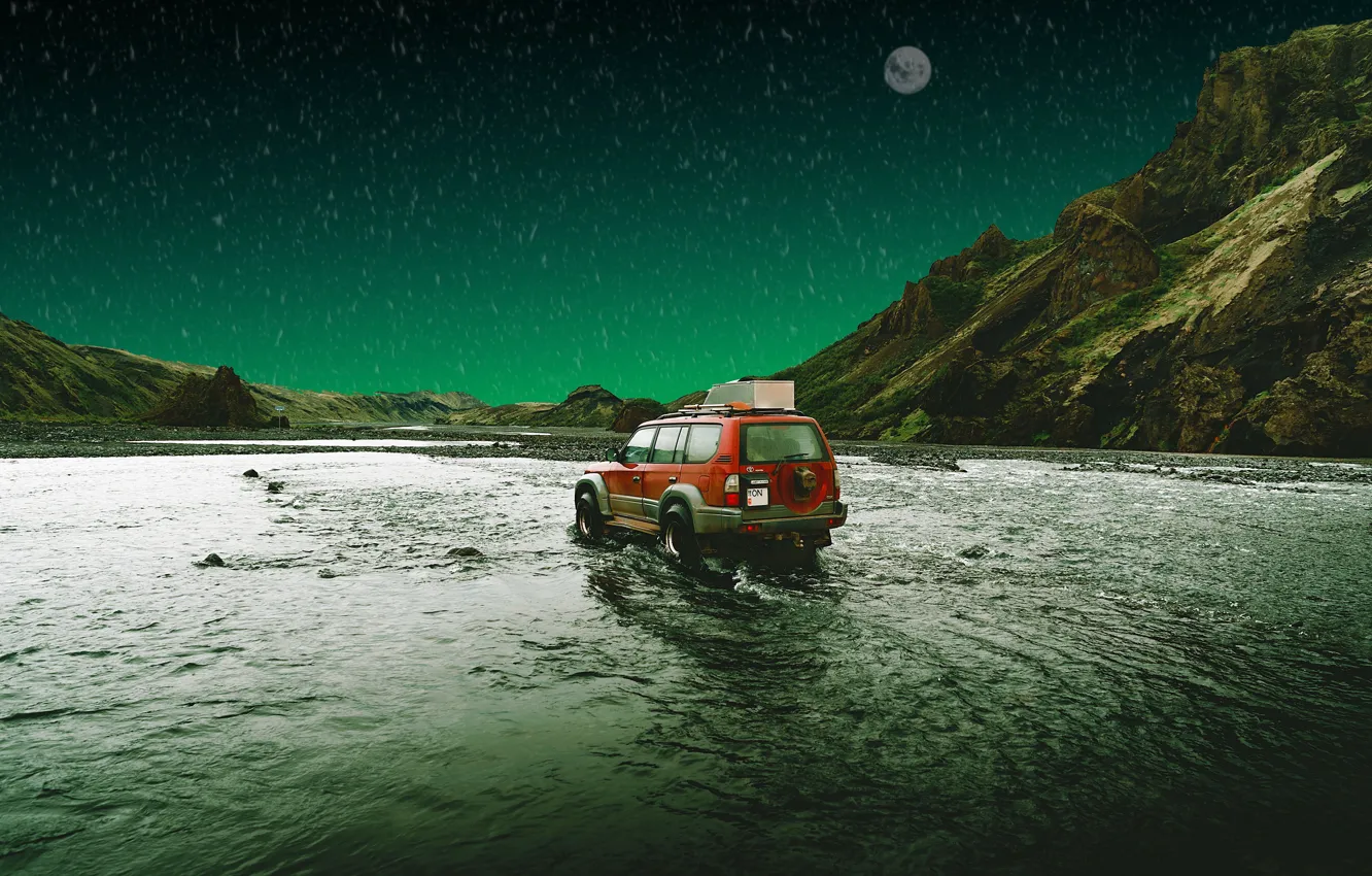 Фото обои машина, авто, вода, горы, природа, рендеринг, луна, джип
