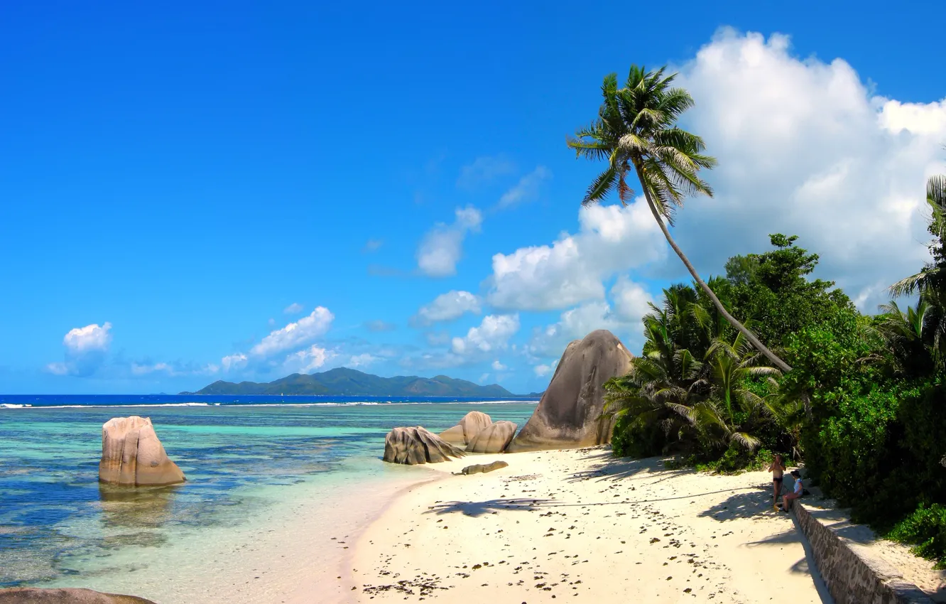 Фото обои море, пляж, тропики, пальмы, отдых, остров, Сейшелы