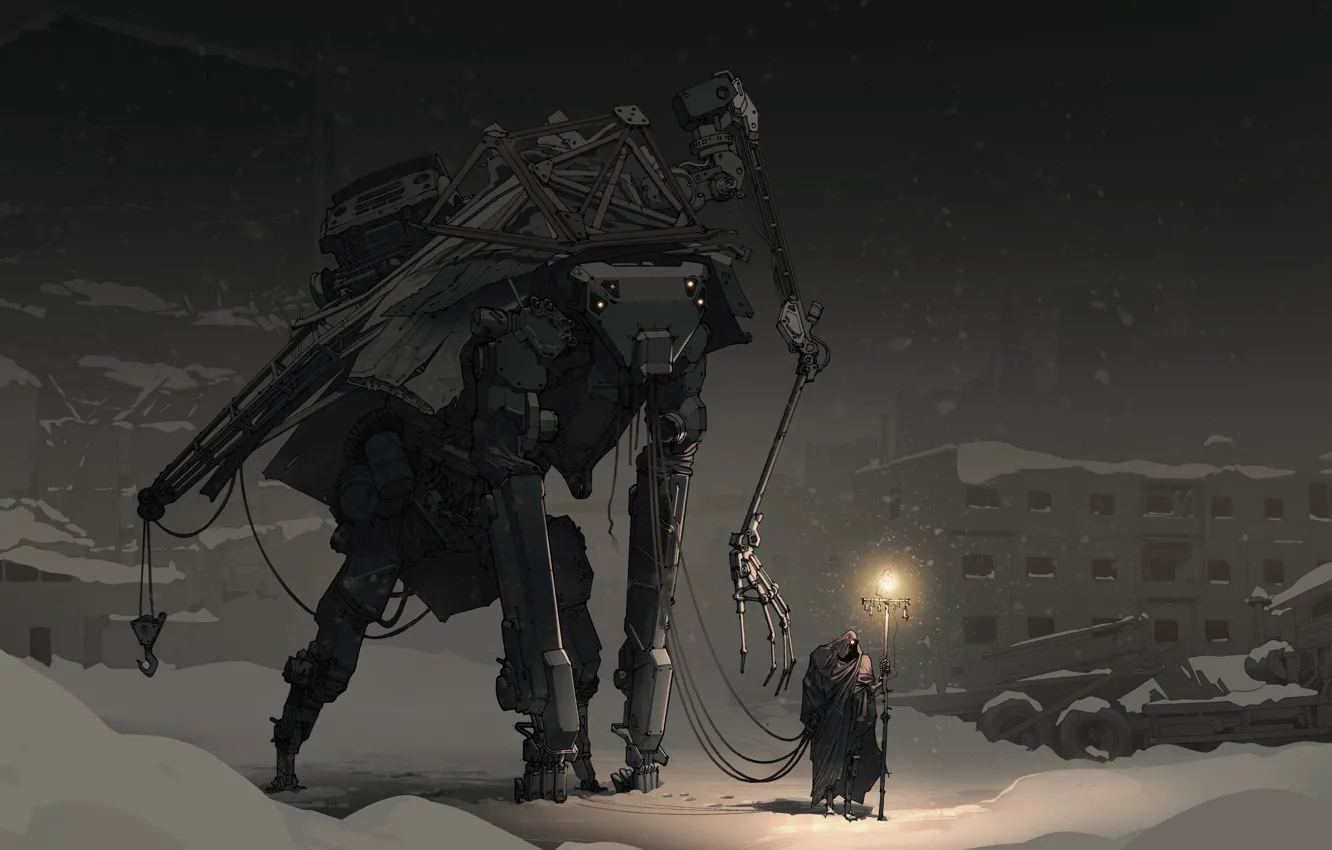 Фото обои зима, свет, фантастика, человек, робот, вечер, капюшон, путник