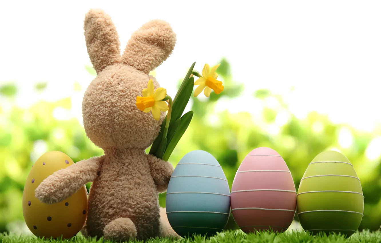 Фото обои трава, цветы, природа, праздник, игрушка, заяц, яйца, весна