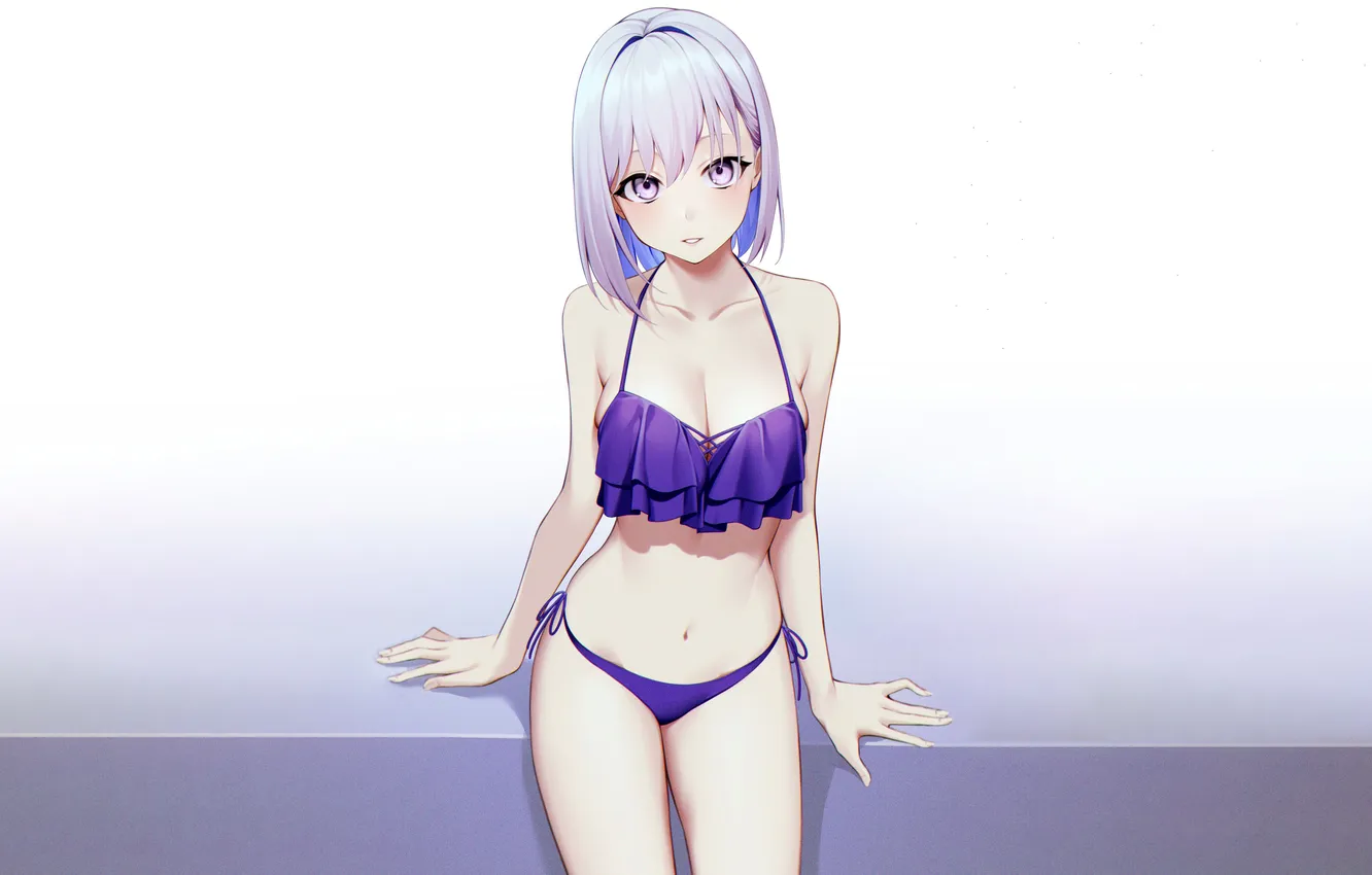 Фото обои girl, sexy, cleavage, boobs, anime, beautiful, short hair, purple eyes