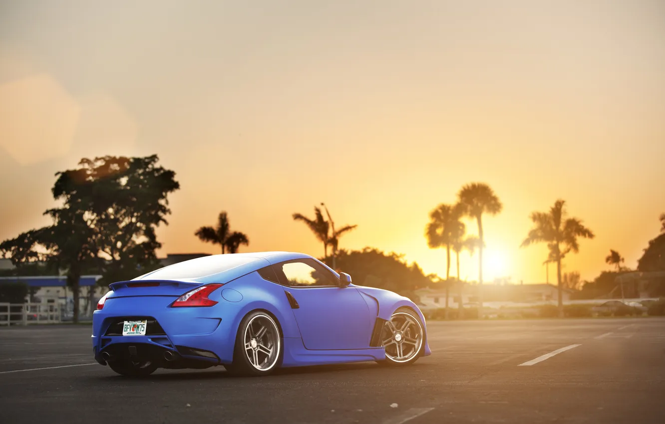 Фото обои солнце, закат, синий, тюнинг, Nissan, блик, ниссан, blue