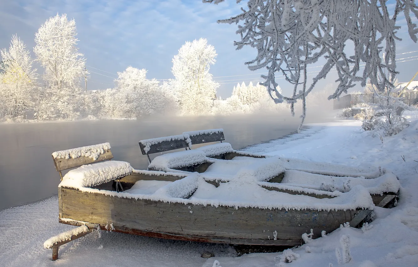 Фото обои зима, пейзаж, река, лодки