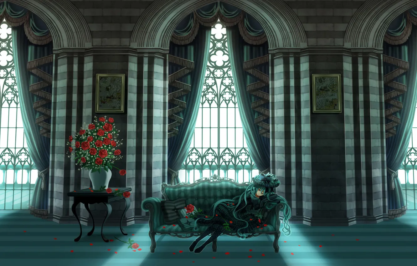 Фото обои девушка, цветы, замок, диван, темный, розы, лежит, решетки