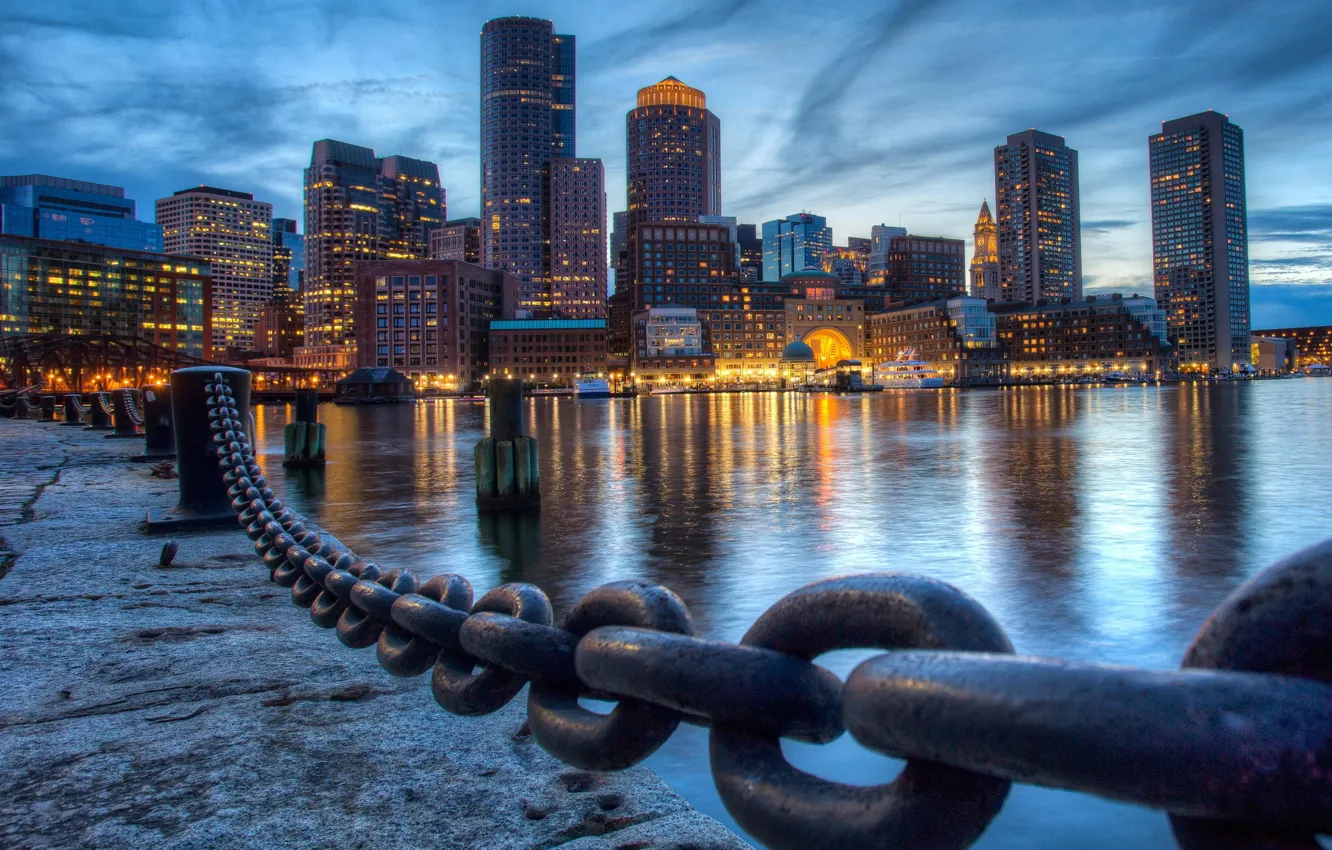 Фото обои город, небоскребы, США, набережная, Бостон