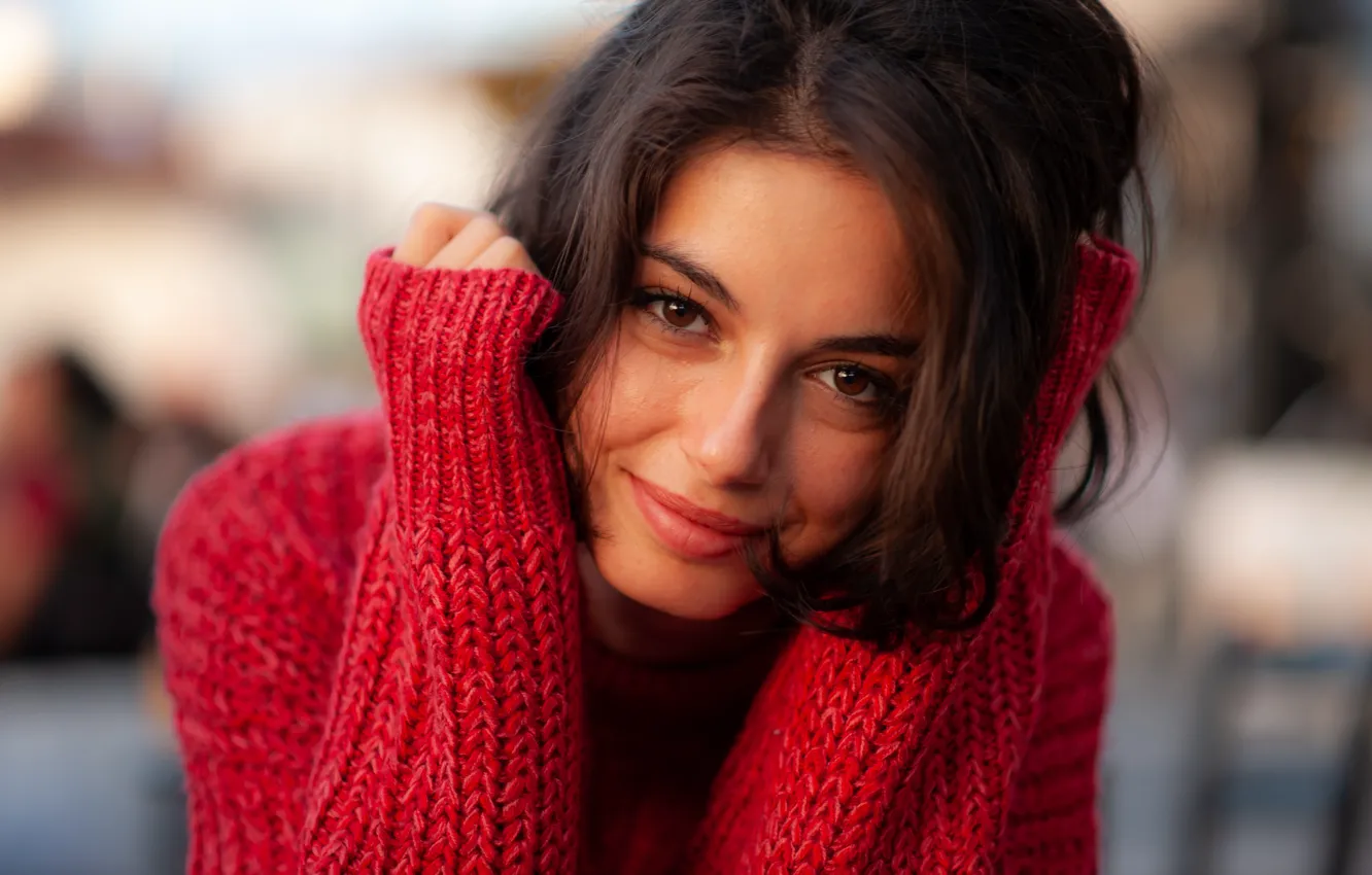 Фото обои Brunette, Smile, RED, Sight, Pullover