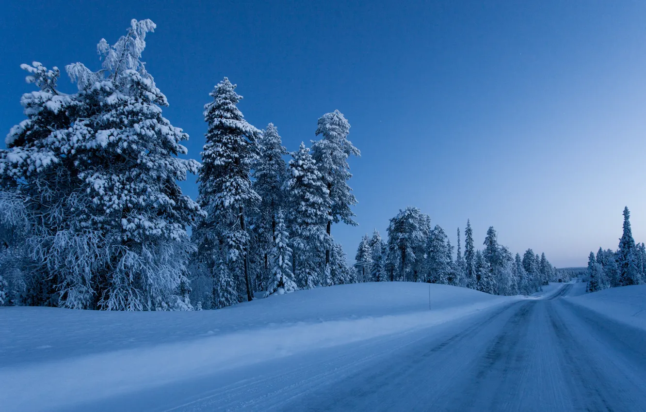 Фото обои Природа, Зима, Дорога, Деревья, Снег, Финляндия