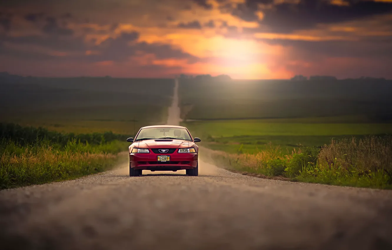 Фото обои дорога, закат, простор, Ford Mustang