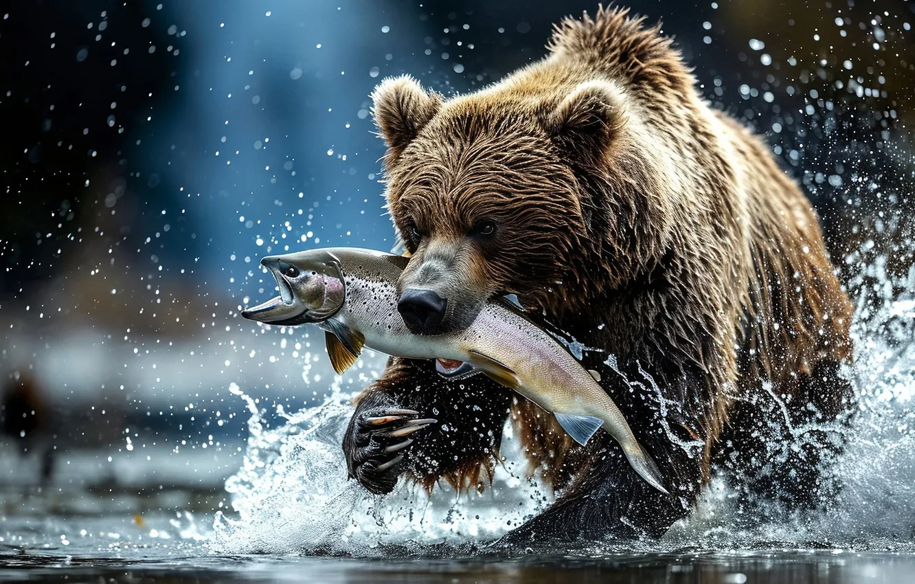 Фото обои брызги, река, рыба, медведь, охота, форель