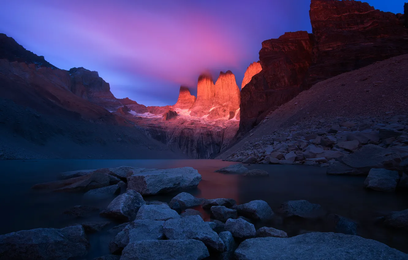 Фото обои Landscape, Sunrise, Chile, Patagonia, Mirador Las Torres