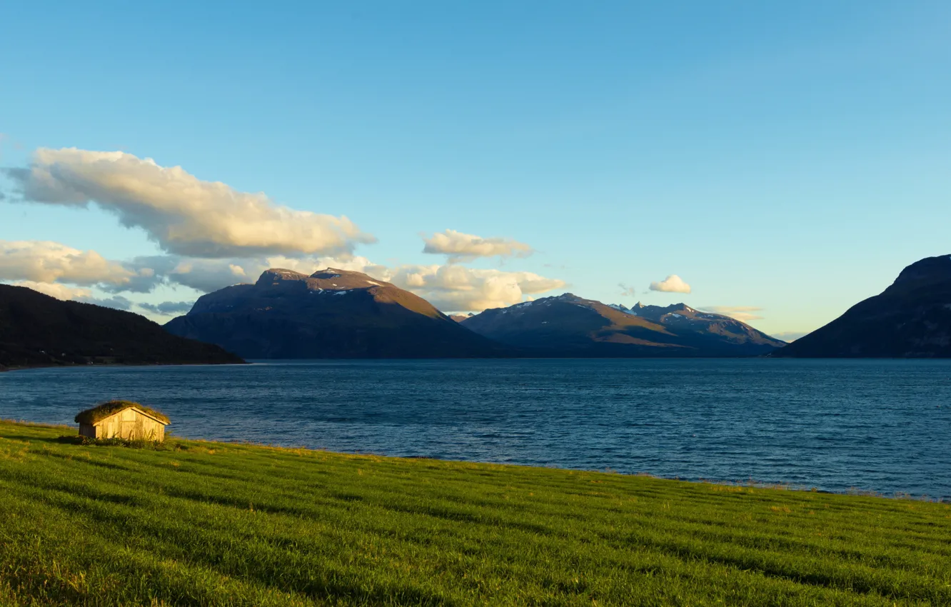 Фото обои пейзаж, дом, утро, Норвегия, залив