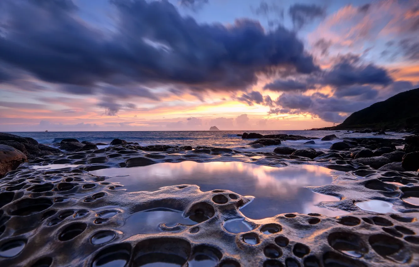 Фото обои Sunrise, reflection, Taiwan, sea caves, Coastal