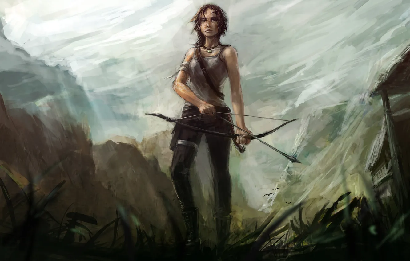 Фото обои девушка, рисунок, лук, Tomb Raider, Lara Croft, фан-арт