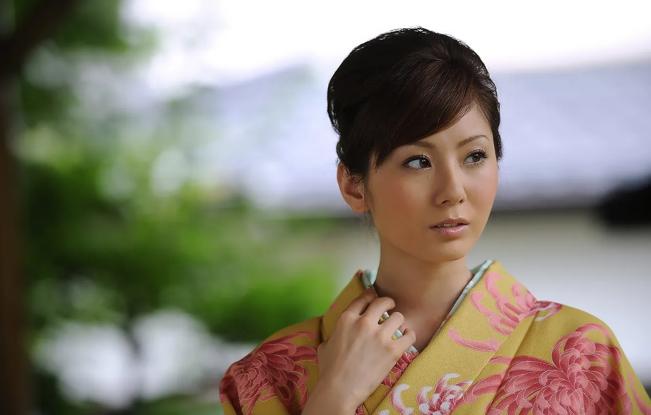 Фото обои взгляд, девушка, Япония, кимоно