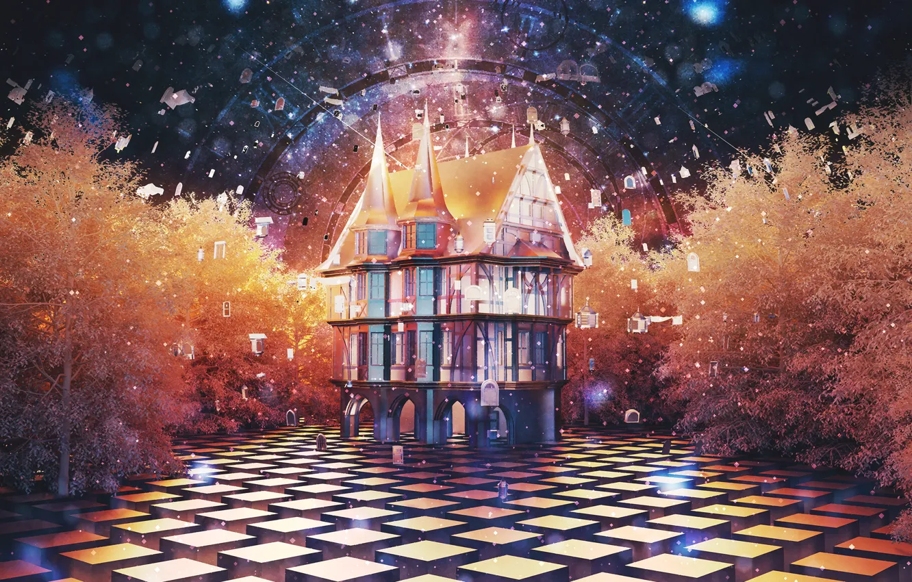 Фото обои деревья, кубы, фэнтези, домик, by K&P