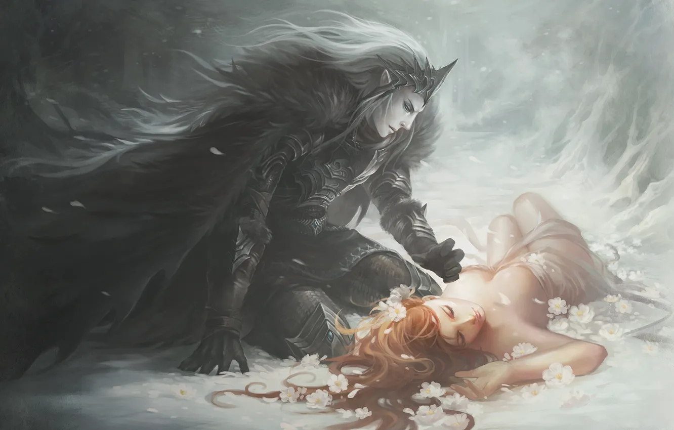 Фото обои девушка, цветы, эльф, сон, доспехи, рыжая, плащ, черный рыцарь