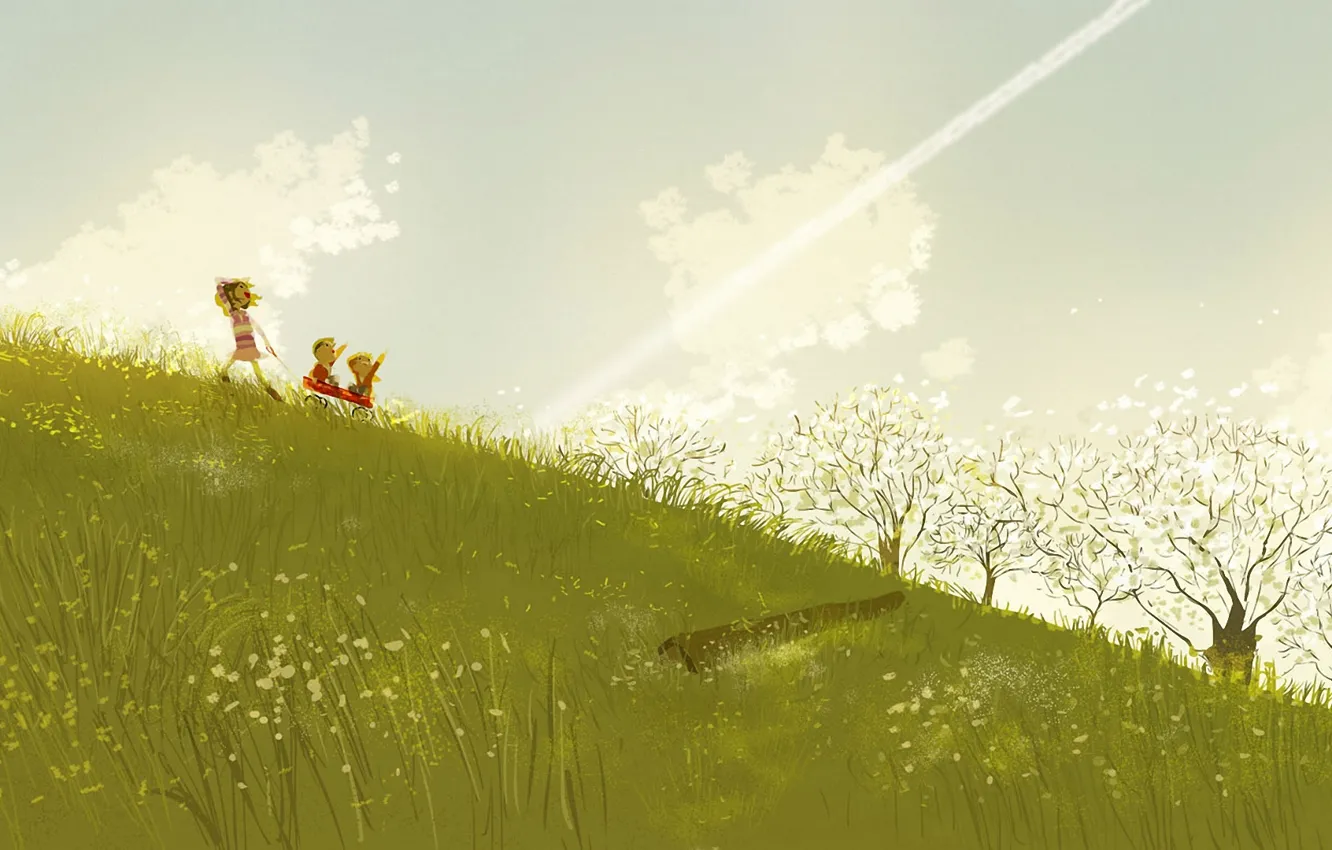 Фото обои трава, облака, радость, дети, ветер, склон