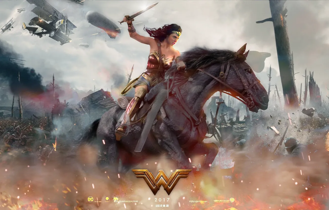 Фото обои cinema, fire, battlefield, flame, sword, gun, Wonder Woman, dirigible
