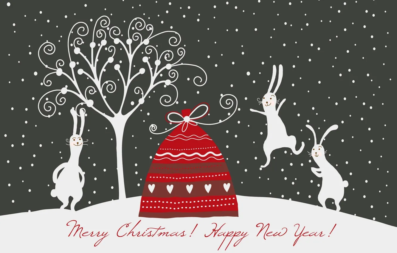 Фото обои новый год, рождество, кролики, зайцы, мешок с подарками