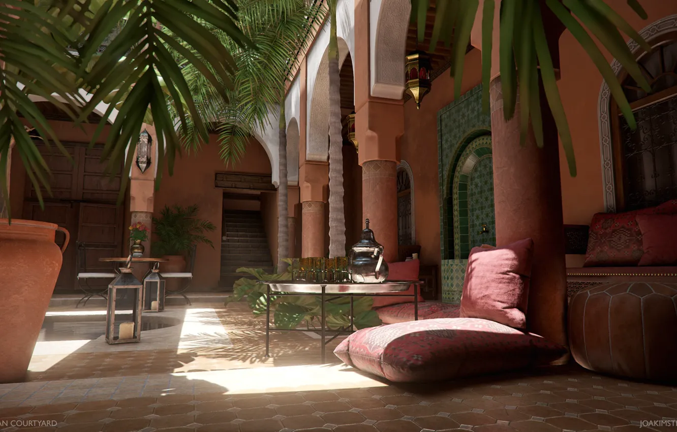 Фото обои пальмы, стол, двор, пуф, Moroccan Courtyard